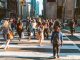 Crowd of unrecognisable people crossing street on traffic light zebra in the city of Toronto at rush hour - Lifestyle in a big city in North America