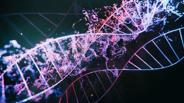 DNA strands - 3d images of dna molecules on black background, science nanotechnology, medical concept, on dark bg, hologram view.