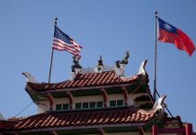 American and Taiwan flags over Chinatown