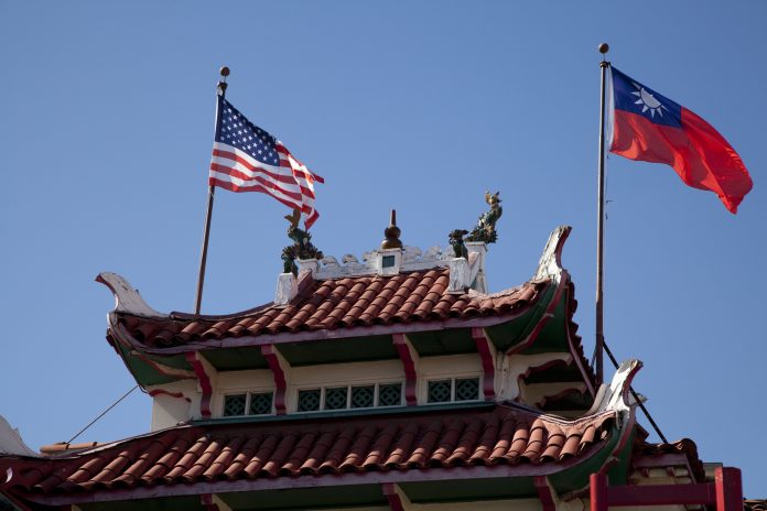 American and Taiwan flags over Chinatown