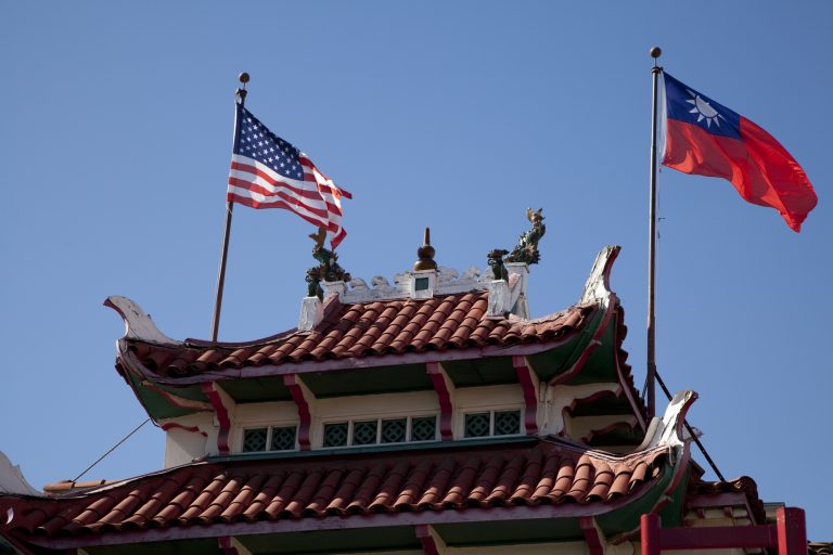 American and Taiwan flags over Chinatown