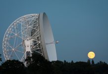 Supermoon and Lovell Radio Telescope, Jodrell Bank Observatory, Cheshire, UK