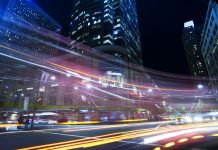 Sydney city roads at night light trails