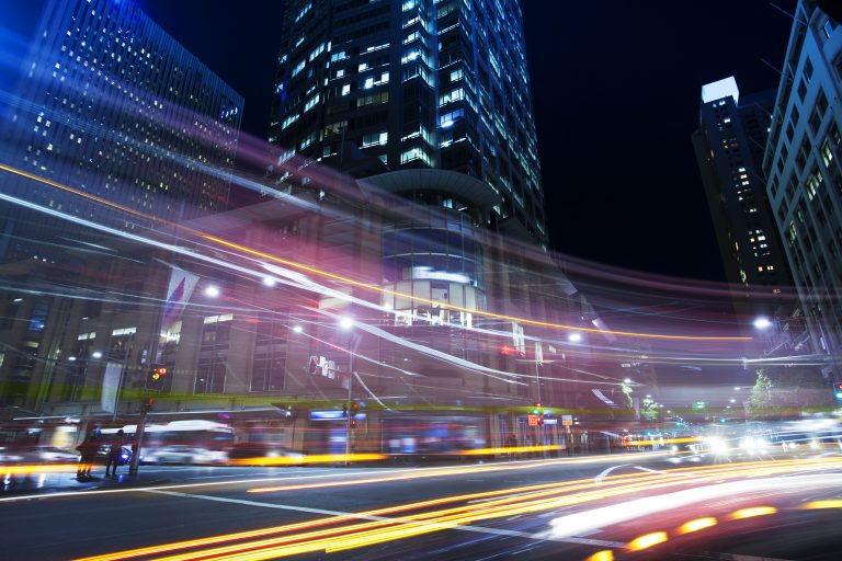 Sydney city roads at night light trails