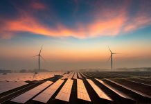 Solar power plants in the dusk of the evening