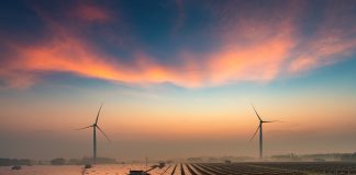 Solar power plants in the dusk of the evening