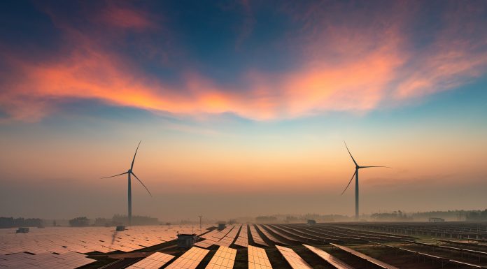 Solar power plants in the dusk of the evening