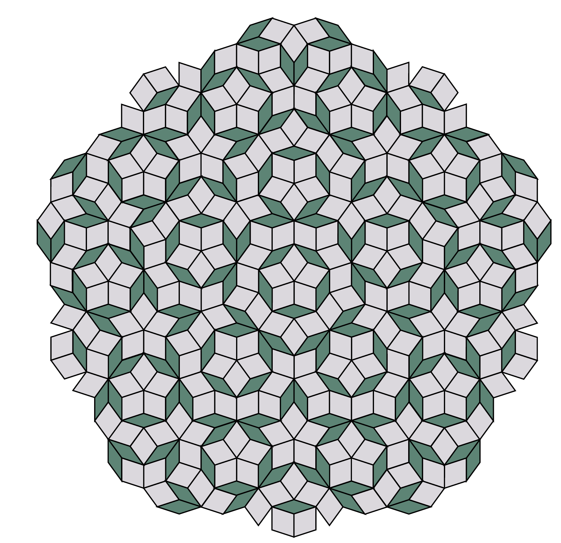The Penrose tiling pattern, composed of two shapes, has an ordered (quasiperiodic order) yet never-repeating structure.