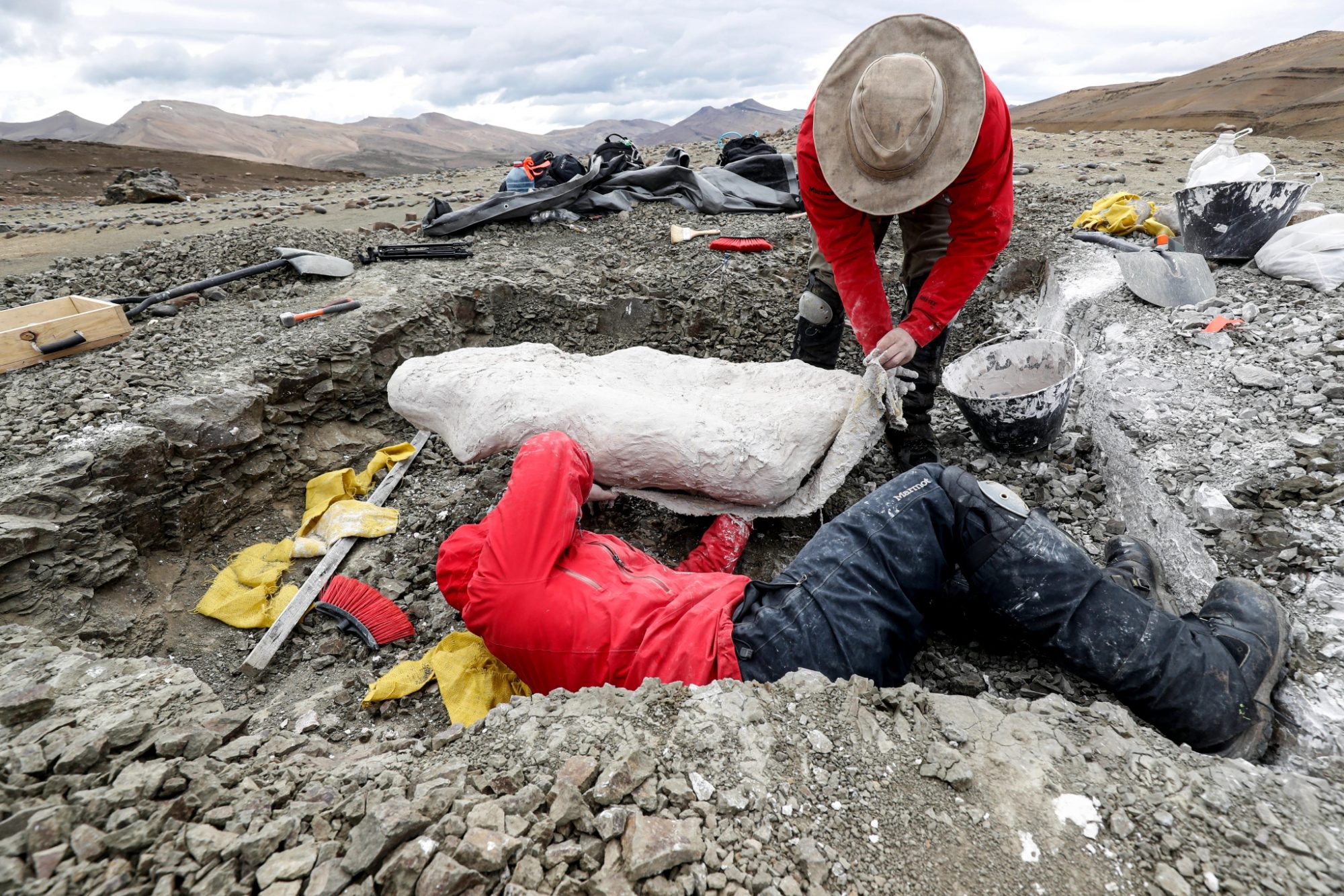 Argentinian paleontologists Agustin Martinelli (R) and Jonatan Kaluza work on a plaster jacket around a vertebrate dinosaur of the sauropsida family part of a fossil outcrop in the Valley of Las Chinas, in the Chilean Patagonia, Chile, 24 February 2020. EPA-EFE/FELIPE TRUEBA