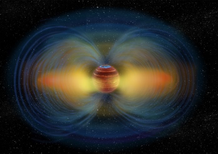 Artist's impression of an aurora and the surrounding radiation belt of the ultracool dwarf LSR J1835+3259. Credit: Chuck Carter, Melodie Kao, Heising-Simons Foundation