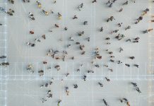 Abstract crowds of people with virtual reality street display