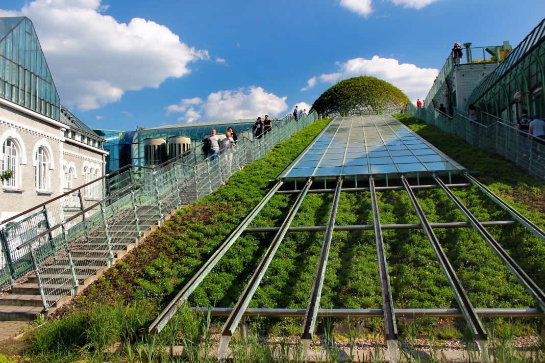 Warsaw, Poland - May 1, 2019: The University of Warsaw Library Rooftop Garden, designed by the landscape architect Irena Bajerska and opened in 2002.