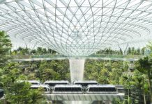 Singapore's world tallest vertex waterfall, The Jewwl terminal, using renewable energy