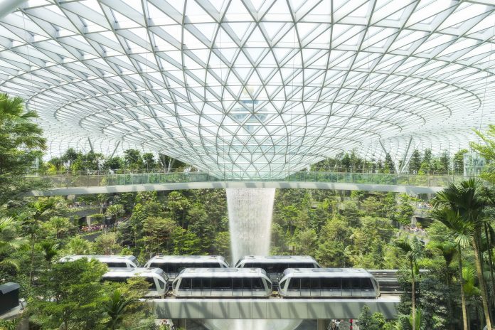Singapore's world tallest vertex waterfall, The Jewwl terminal, using renewable energy