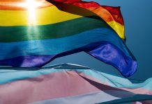 closeup of a gay pride flag and a transgender pride flag waving on the blue sky, moved by the wind, with the sun in the background