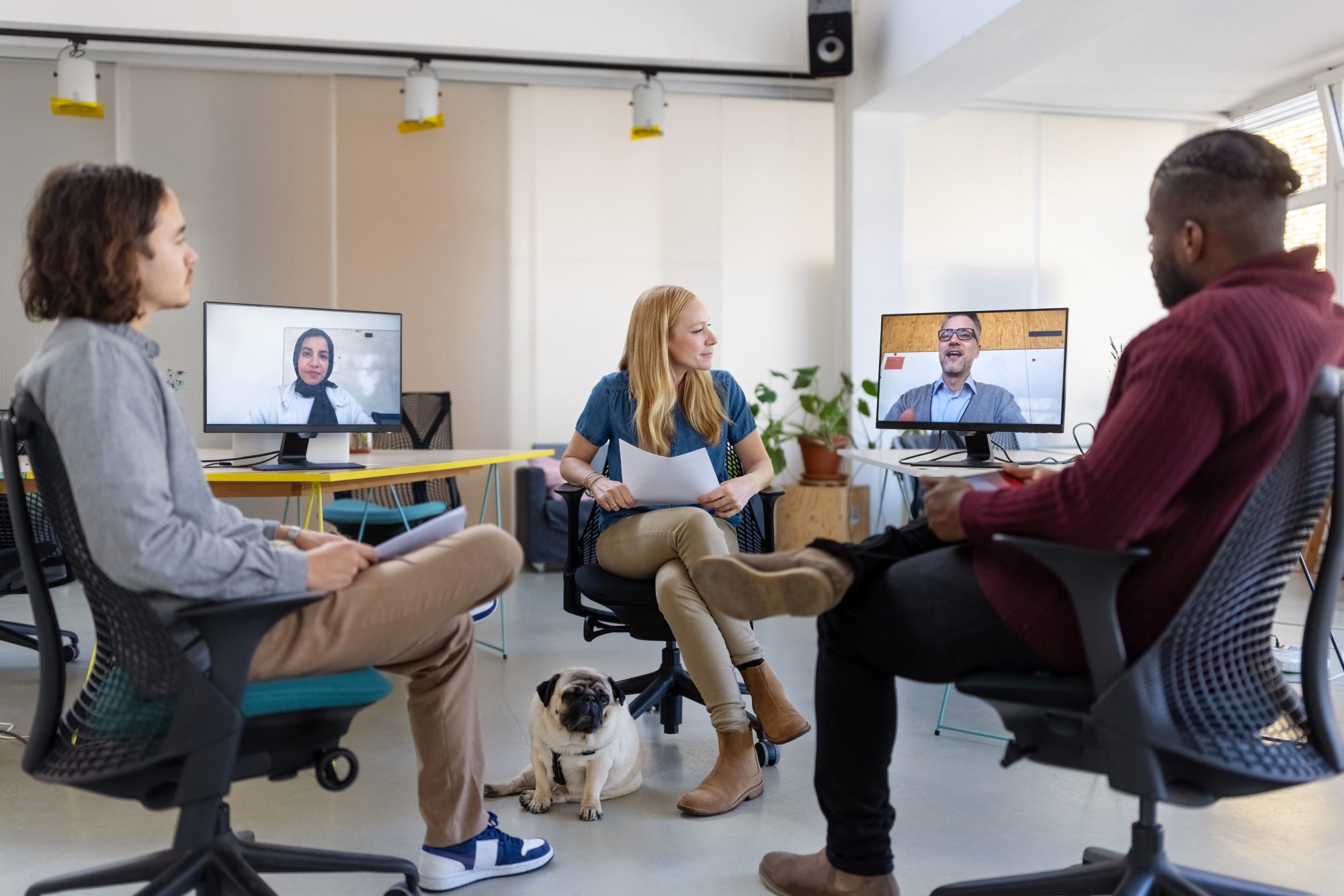 Startup businesspeople having a meeting at a small office with colleagues joining the meeting via video call. Diverse group of startup entrepreneurs meeting with colleagues working remotely over video conference.