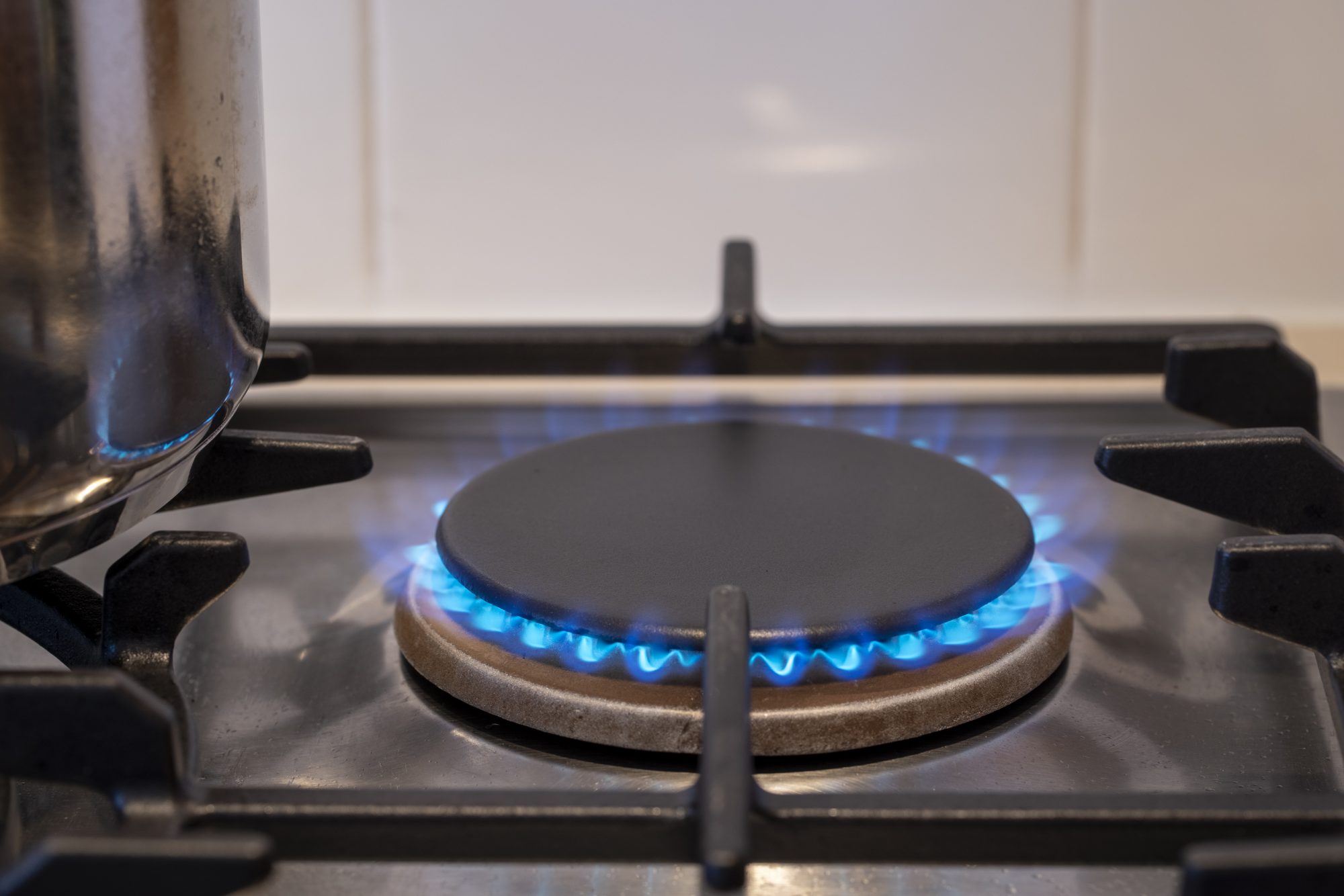 Close-up front-view shot of a blue gas flame on a stove.