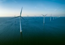 Wind turbines in an offshore wind park producing energy