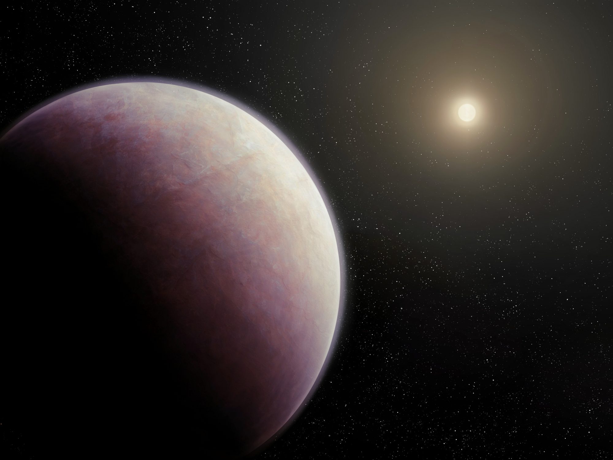 Alien planet with star in deep space, cosmic landscape.