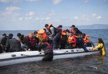 Refugee boat arriving on Lesbos Greece