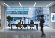 Group of people working in a modern board room with augmented reality interface, all objects in the scene are 3D