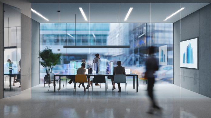 Group of people working in a modern board room with augmented reality interface, all objects in the scene are 3D