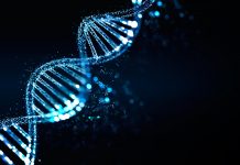 Blue DNA illustration with bokeh lights, genetic medicine and innovation