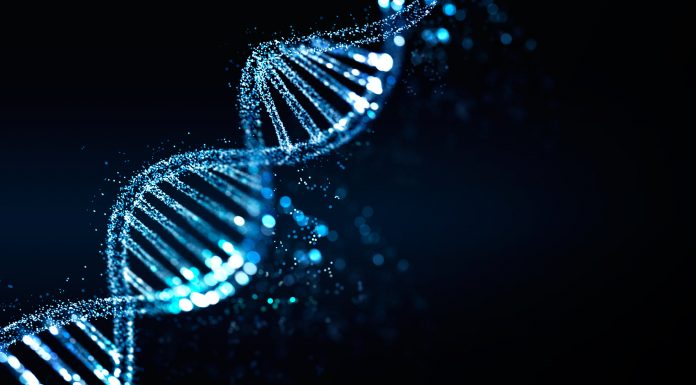 Blue DNA illustration with bokeh lights, genetic medicine and innovation