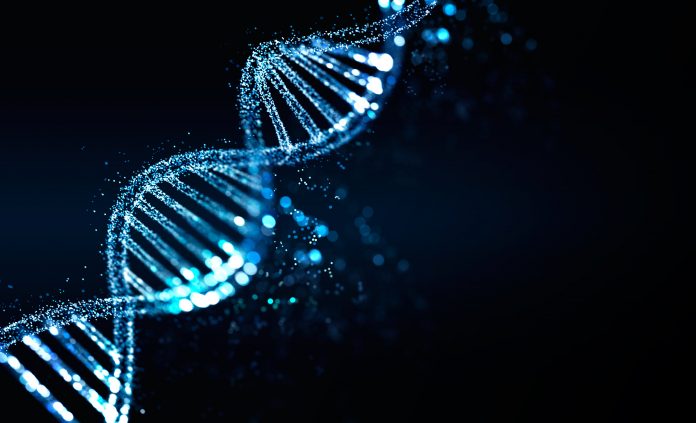 Blue DNA illustration with bokeh lights, genetic medicine and innovation