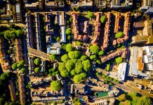 The aerial view of Shoreditch, an arty area adjacent to the equally hip neighborhood of Hoxton in London