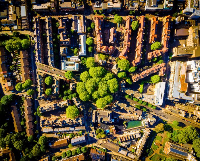 The aerial view of Shoreditch, an arty area adjacent to the equally hip neighborhood of Hoxton in London