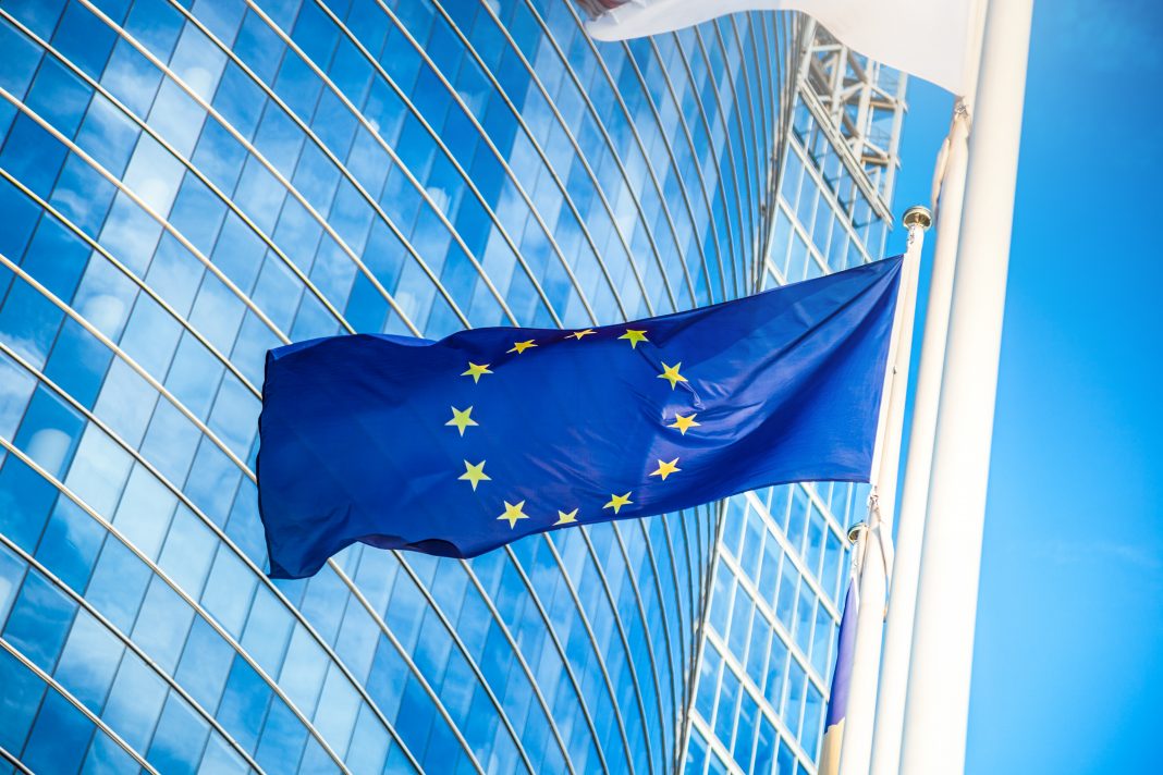 European flag against skyscraper