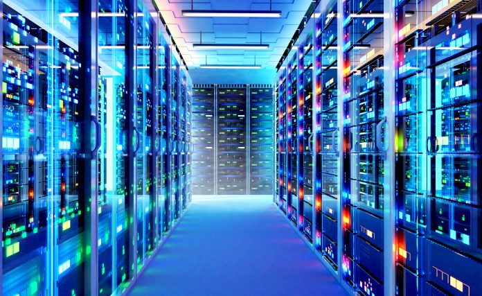 Interior of big modern server room. 3d rendering illustration