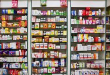 29th December 2017 Brno - Czech Republic. Background in pharmacy. Goods in the shelf. Medicines and vitamins for health and healthy lifestyle. Concept for business and sales