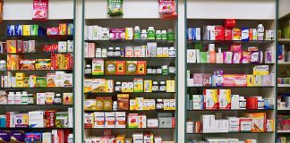 29th December 2017 Brno - Czech Republic. Background in pharmacy. Goods in the shelf. Medicines and vitamins for health and healthy lifestyle. Concept for business and sales