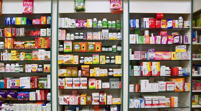 29th December 2017 Brno - Czech Republic. Background in pharmacy. Goods in the shelf. Medicines and vitamins for health and healthy lifestyle. Concept for business and sales