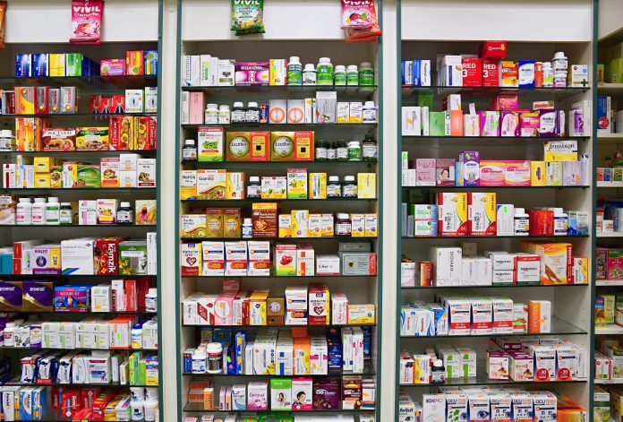 29th December 2017 Brno - Czech Republic. Background in pharmacy. Goods in the shelf. Medicines and vitamins for health and healthy lifestyle. Concept for business and sales