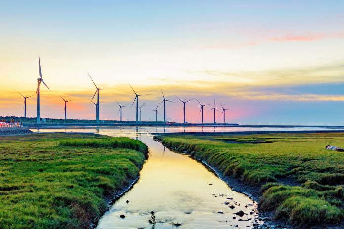 Landscape of Gaomei wetlands during sunset in Taiwan