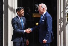 US President Joe Biden, right, shakes hands with Rishi Sunak, UK prime minister, ahead of their meeting at Downing Street in London, UK, on Monday, July 10, 2023.