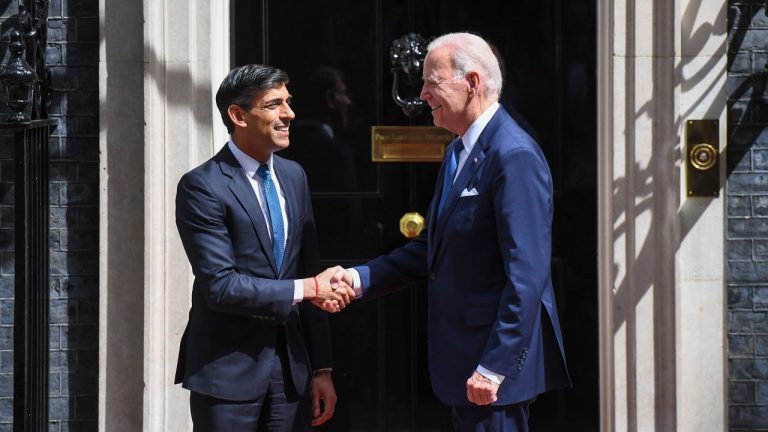 US President Joe Biden, right, shakes hands with Rishi Sunak, UK prime minister, ahead of their meeting at Downing Street in London, UK, on Monday, July 10, 2023.