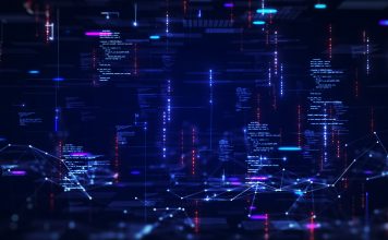 Digital information technology concept. Cybersecurity and protection system from online crime threats. Data Analytics or Data Science. Binary code polygons connected on dark blue background.