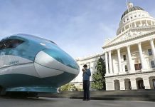 A full-scale mock-up of a high-speed train is displayed at the Capitol in Sacramento, California - Copyright AP Photo