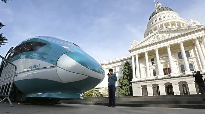 A full-scale mock-up of a high-speed train is displayed at the Capitol in Sacramento, California - Copyright AP Photo