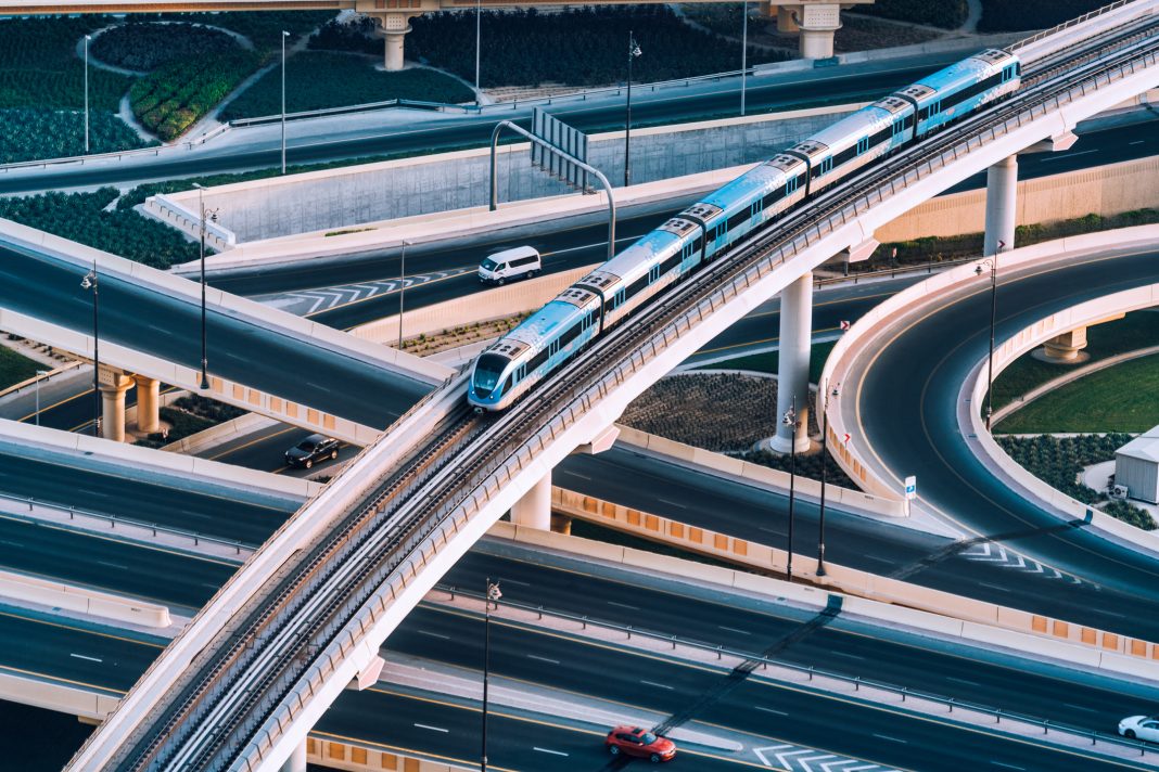 Highway intersection and Metro Train in Dubai, UAE