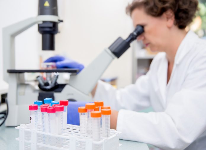 Female Researcher Examining Scientific Sample Under a Professional Microscope