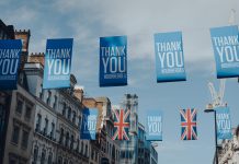 Thank You banners and Union Jack flags for the NHS on New Oxford Street, London, UK.