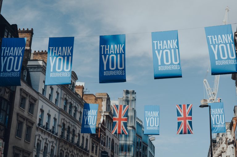 Thank You banners and Union Jack flags for the NHS on New Oxford Street, London, UK.