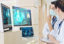 Doctor discussing with modern Medical Graphical User Interface Hologram