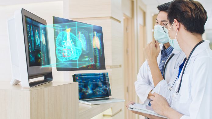 Doctor discussing with modern Medical Graphical User Interface Hologram