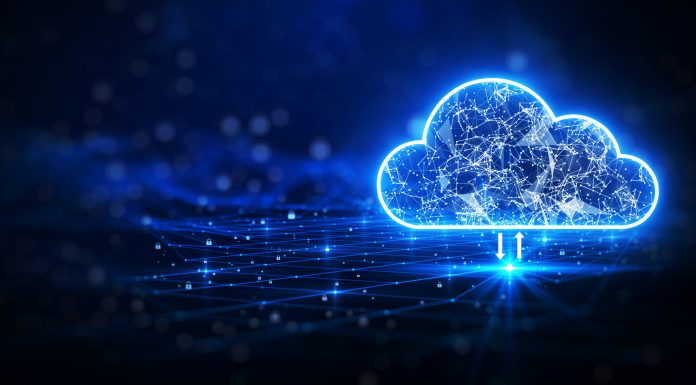 cloud computing. The data transfer and storage concept consists of a white polygonal interconnected structure within it. Dark blue background with small padlocks scattered on the background.